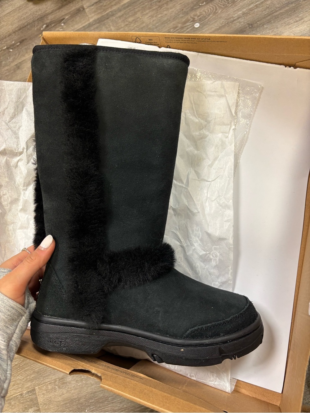 UGG | Sunburst Tall Black Suede Boots with Shearling Trim NEW - Picture 7 of 8